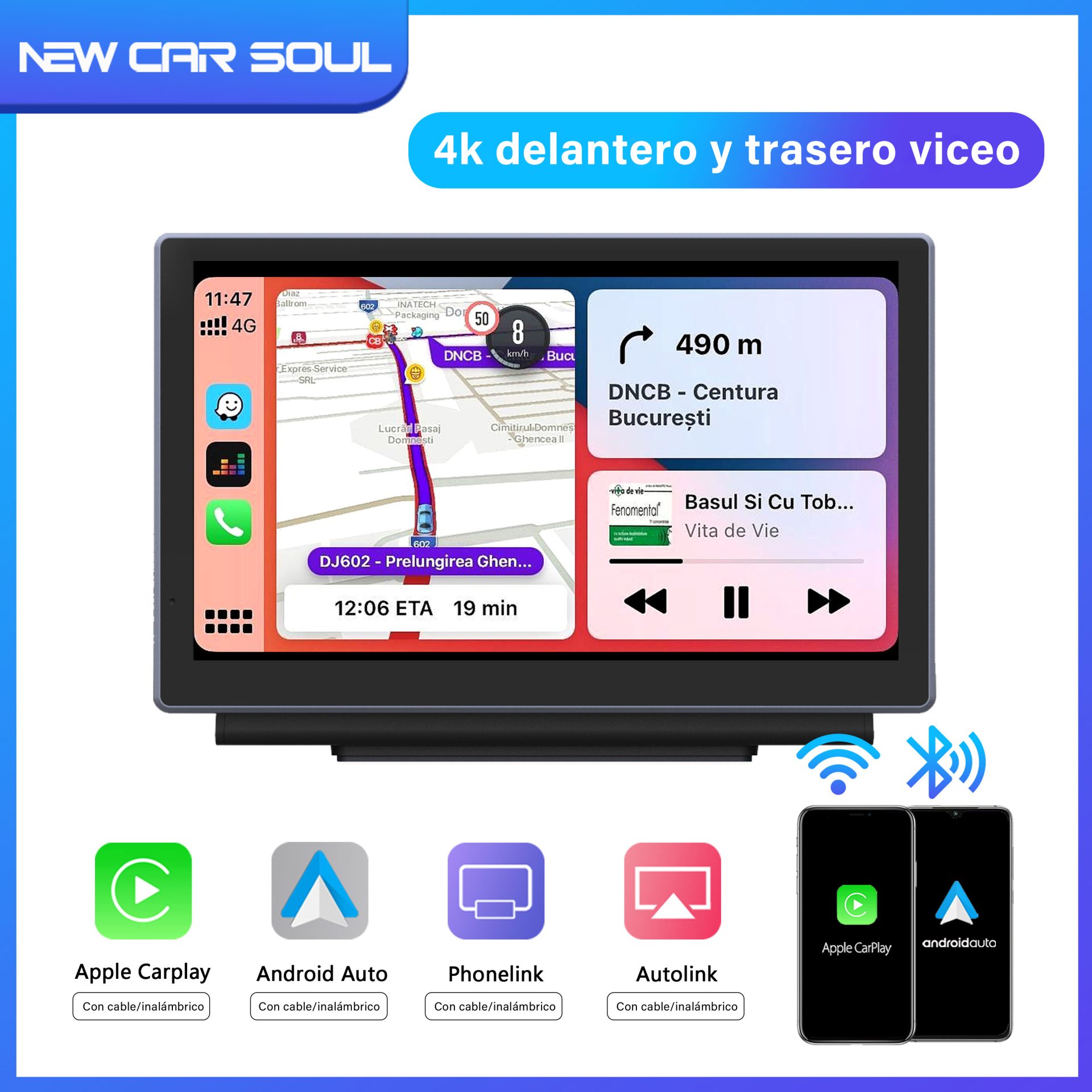 主图 Unidad de pantalla táctil portátil CarPlay y Android Auto de 7" con Dashcam 4K + cámara de marcha atrás para cualquier coche. - Imagen 4